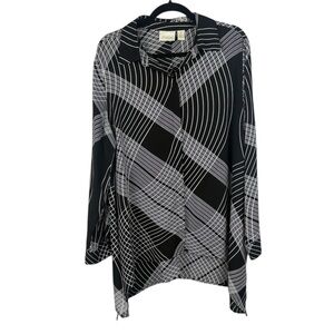 Chico's Black Button Up Asymmetrical Rosalind Graphic Grid Shirt Size 2 Blouse